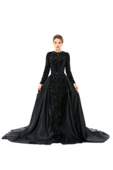 Black Long Sleeves Scoop Trumpet Mermaid Sparkle Sequin Prom Dress