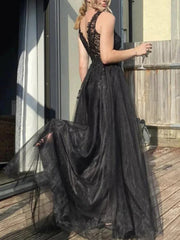 Black V Neck Open Back Lace A Line Prom Dress