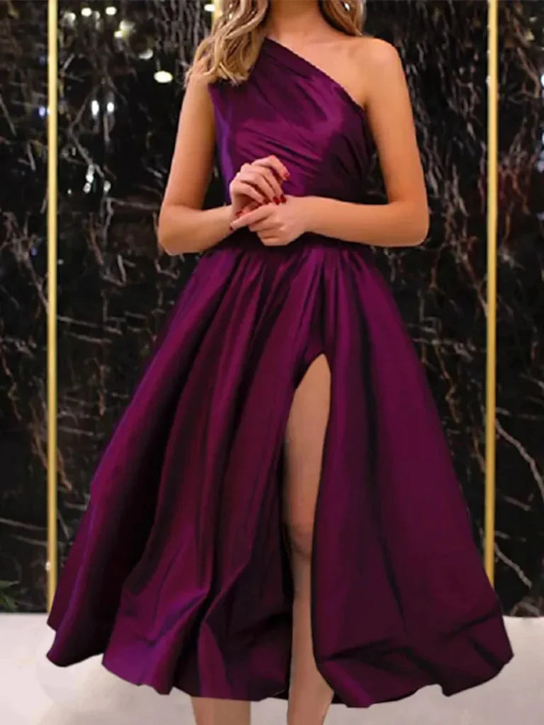 One Shoulder Pleats Tea Length Satin Party Dress
