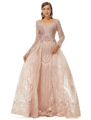 Champagne Long Sleeves Tulle Beading Detachable Train Formal Prom Dress