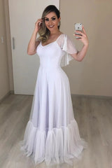 V Neck A Line Backless Cap Sleeve Tulle Wedding Dress