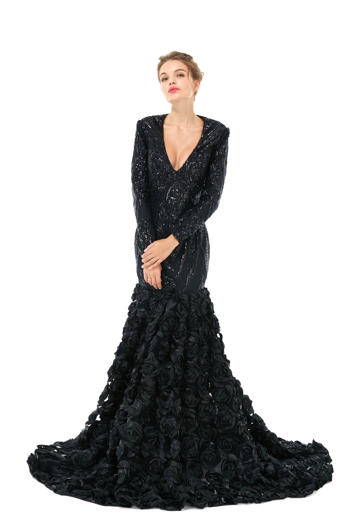 Long Sleeves V Neck Black Trumpet Mermaid Rose Sequin Prom Formal Dress
