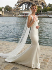 Sheath Column Backless V Neck Satin Wedding Dress With Cape