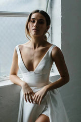 A Line High Slit Sexy V Neck Satin Wedding Dress
