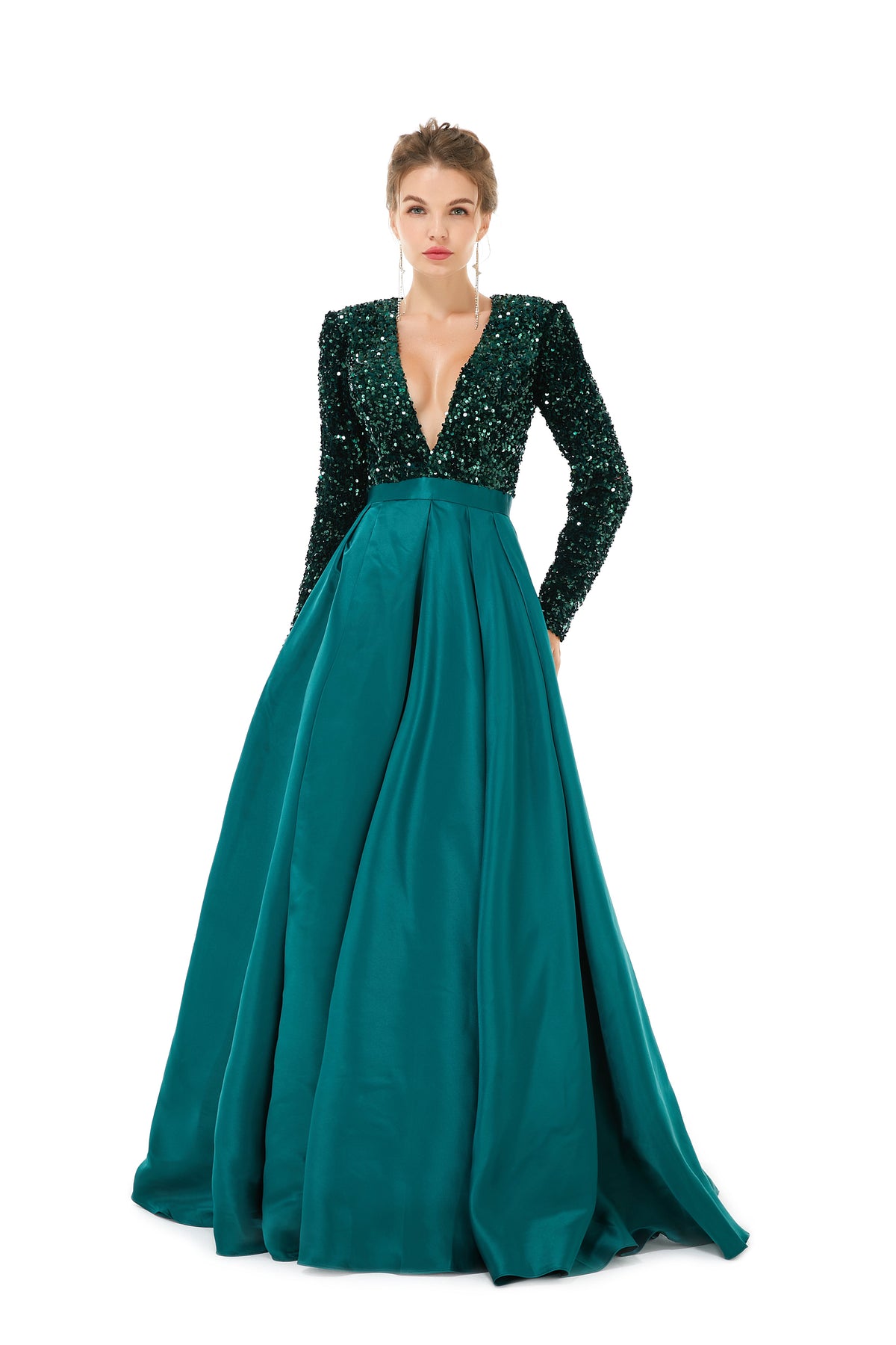 Dark Green Long Sleeves Sequin & Satin A Line Sexy Prom Formal Dress