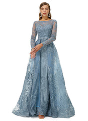 Luxury Blue Beading Long Sleeve Sheer Detachable Train Prom Dress