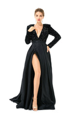 Black Long Sleeves Sequin & Satin A Line Sexy Prom Formal Dress