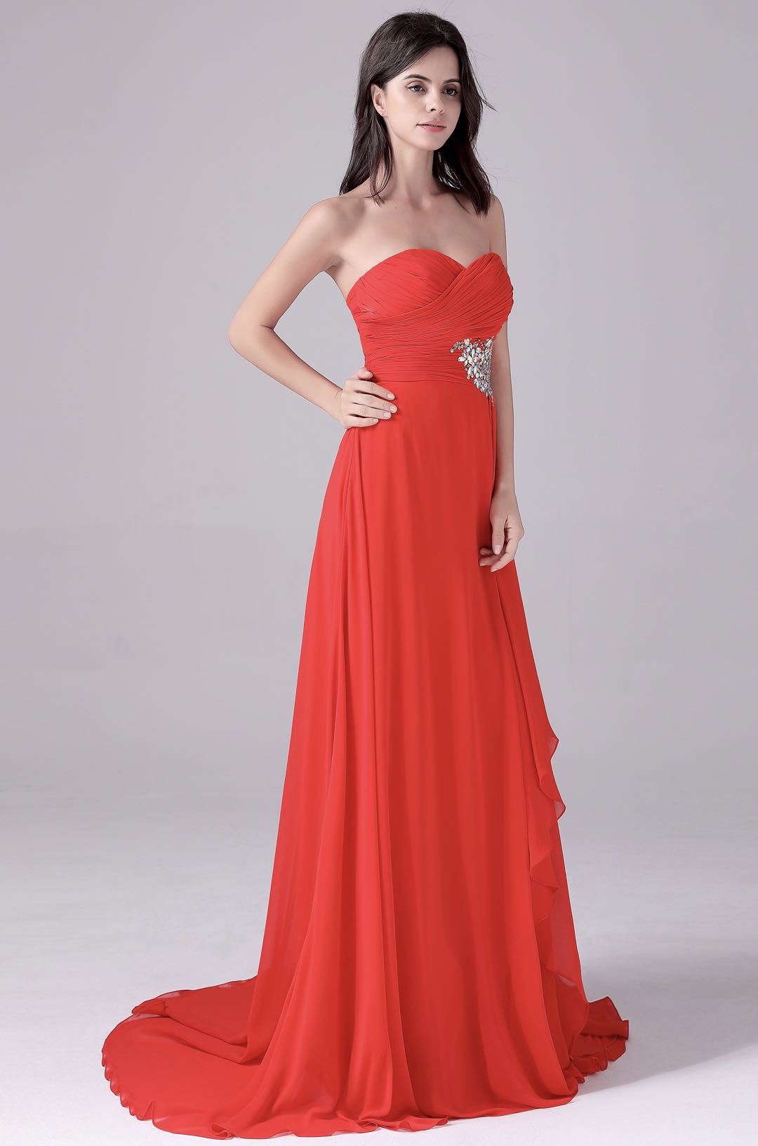 Sweetheart Chiffon Red Beading Pleats Floor Long Bridesmaid Dress