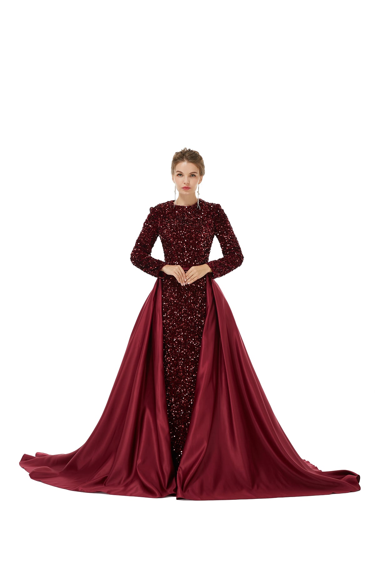 Burgundy Long Sleeves Scoop Trumpet Mermaid Sparkle Sequin Prom Dress
