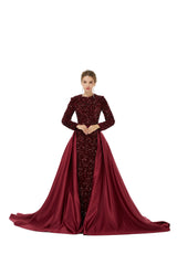 Burgundy Long Sleeves Scoop Trumpet Mermaid Sparkle Sequin Prom Dress
