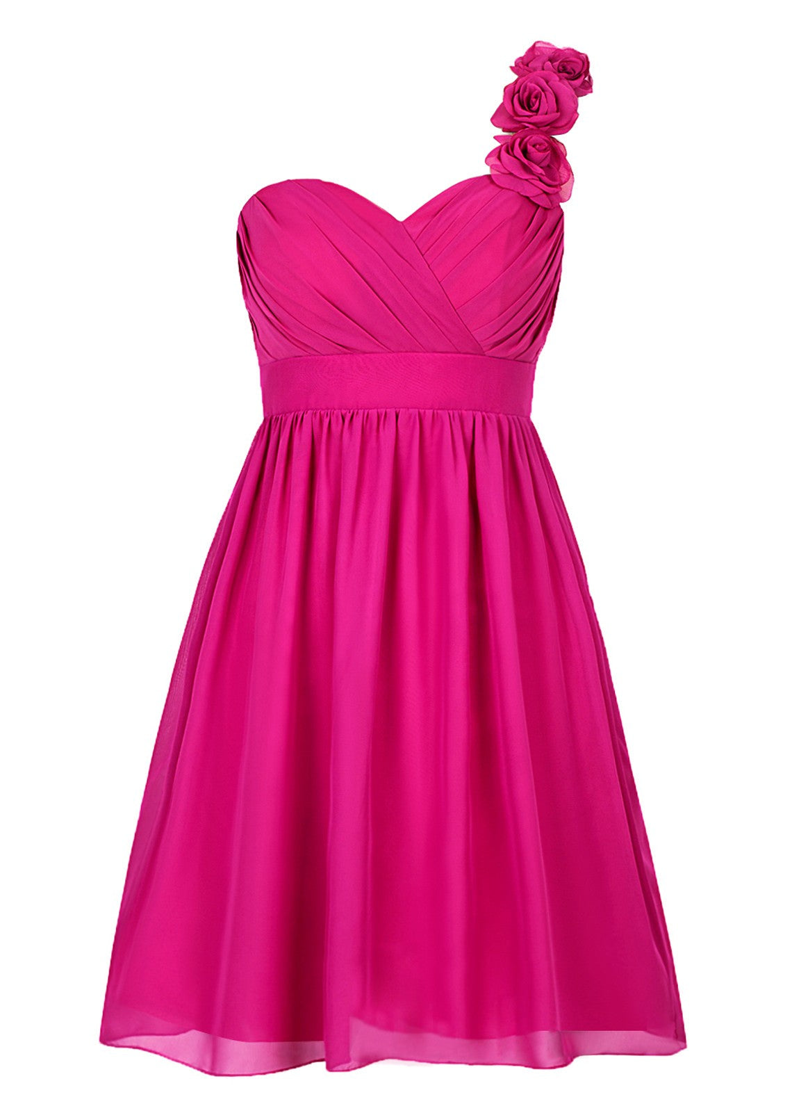 Short One-shoulder Fuchsia Bridesmaid Dress With Flowers