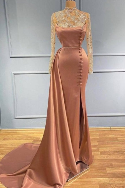 Pink High Neck Long Sleeves Sheer Beading Prom Formal Dress