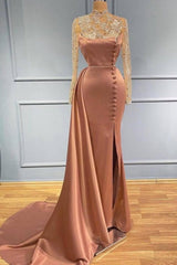 Pink High Neck Long Sleeves Sheer Beading Prom Formal Dress