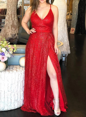 Deep V-neck A-Line Red Tulle Sequins Prom Dress With Side Split