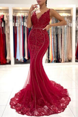 Burgundy Mermaid Sparkle Beading Backless Tulle Formal Prom Dress