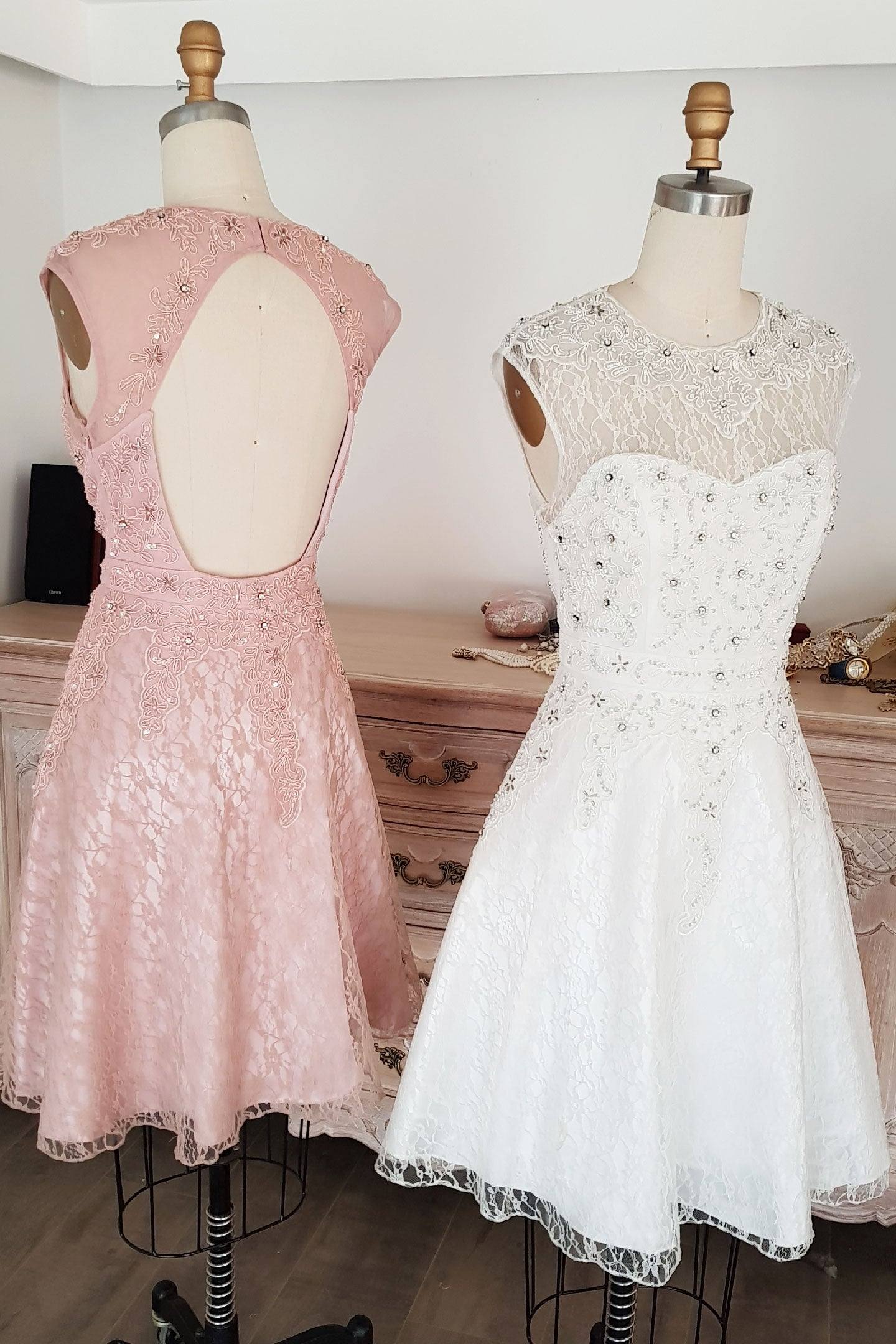 Cute round neck tulle lace short prom dress lace bridesmaid dress - RongMoon