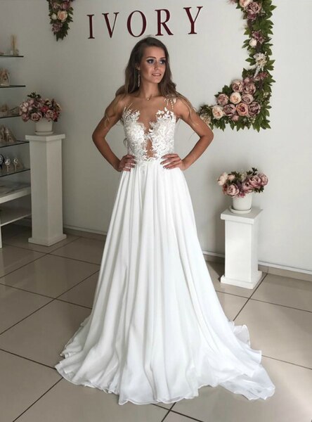 A-Line White Chiffon Appliques See Through Boho Wedding Dress