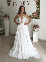 A-Line White Chiffon Appliques See Through Boho Wedding Dress