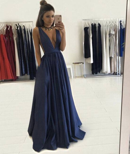Simple v neck dark blue long prom dress, evening dress - RongMoon