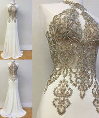 White high neck lace applique long prom dress, evening dress - RongMoon