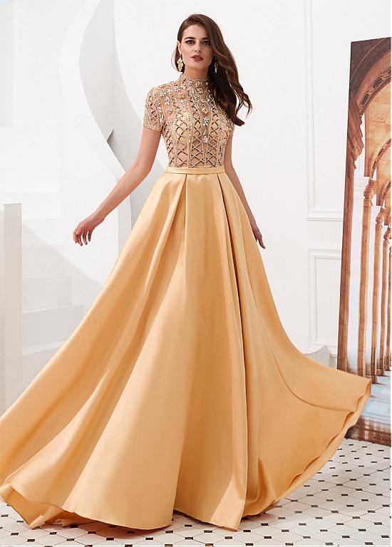 Tulle & Satin High Collar Gold  A-line Prom Dress