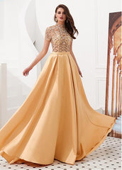 Tulle & Satin High Collar Gold  A-line Prom Dress