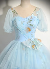 Blue Floral Short Sleeves Ball Gown Sweet 16 Dress