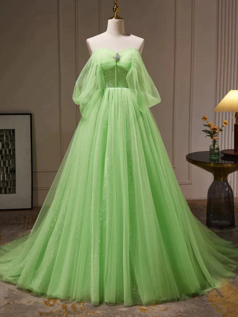Green Tulle Beading Off Shoulder Sparkle Prom Dress