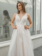 V Neck Appliques Backless Outdoor Wedding Dress