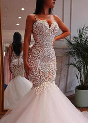 Tulle Spaghetti Straps Champagne Mermaid Wedding Dress With Beadings