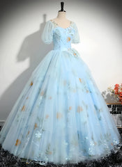 Blue Floral Short Sleeves Ball Gown Sweet 16 Dress