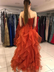 A Line Strapless Wine Red Tulle Long Prom Dress