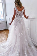 V Neck Lace Tulle A line Wedding Dress