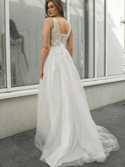 V Neck Appliques Backless Outdoor Wedding Dress