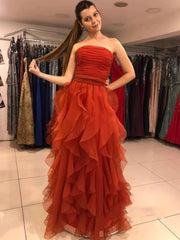 A Line Strapless Wine Red Tulle Long Prom Dress