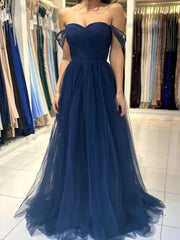 Navy Blue Tulle Off The Shoulder A Line Prom Dress