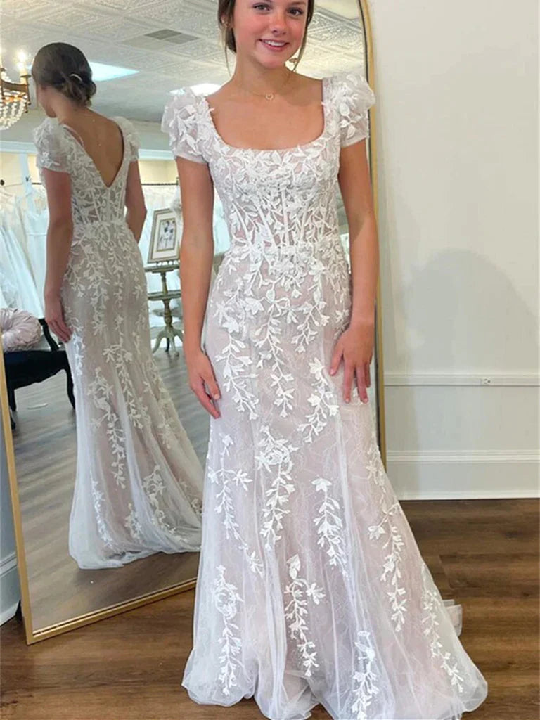 Cap Sleeves Mermaid Champagne Lace Long Prom Dress
