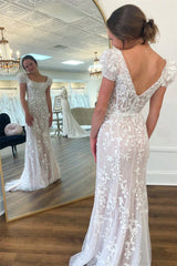Cap Sleeves Mermaid Champagne Lace Long Prom Dress