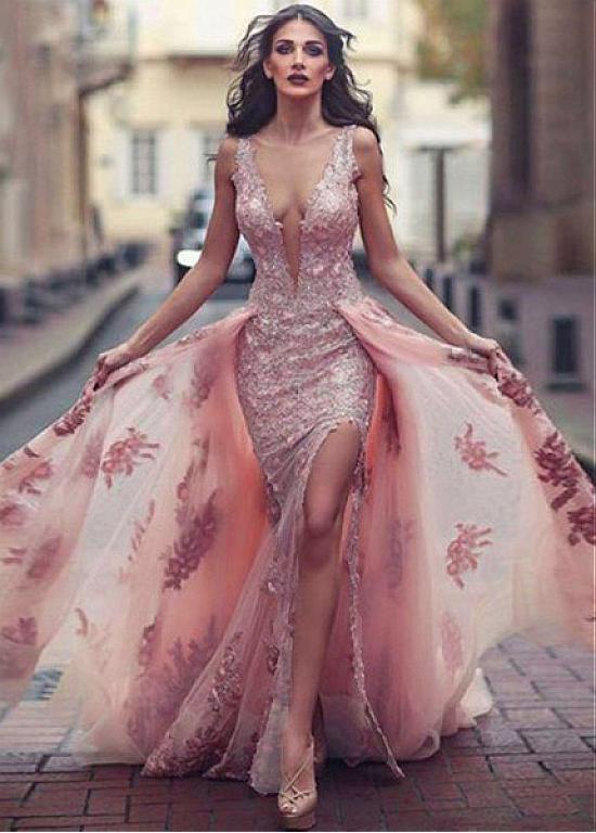 Tulle Jewel Pink Detachable Train Floor-length A-line Evening Dress