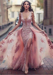 Tulle Jewel Pink Detachable Train Floor-length A-line Evening Dress