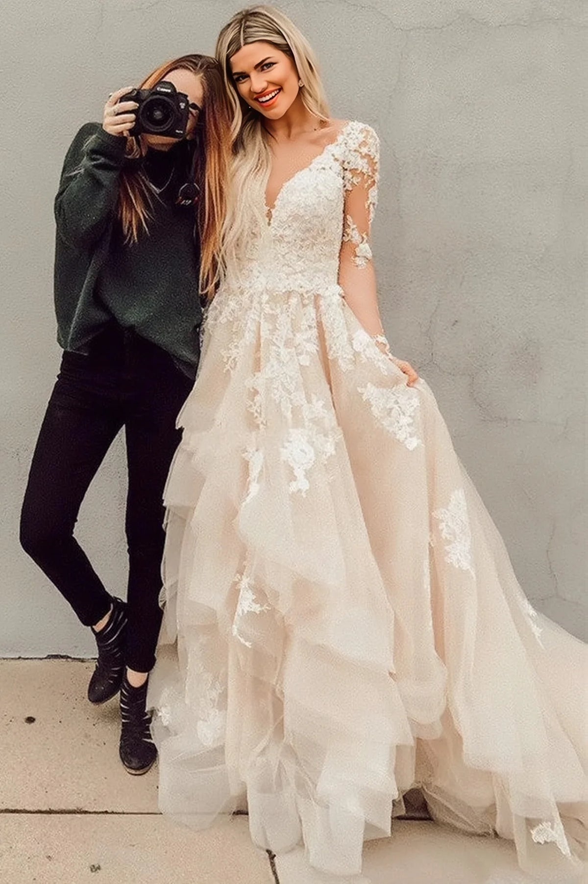 Champange Appliques Long Sleeve V Neck Ruffles Wedding Dress