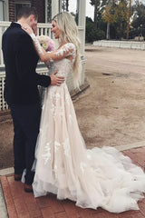 Champange Appliques Long Sleeve V Neck Ruffles Wedding Dress