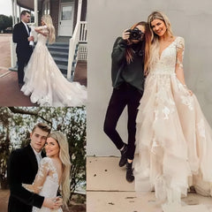 Champange Appliques Long Sleeve V Neck Ruffles Wedding Dress
