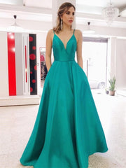 V Neck Backless Green Long A Line Prom Dresses with Pocket