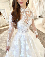Lace High Neck Appliques Sheer A Line Wedding Dress