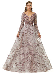 Long  Sleeves V Neck Lace A Line Detachable Train Prom Formal Dress