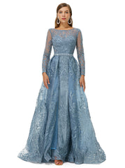 Luxury Blue Beading Long Sleeve Sheer Detachable Train Prom Dress