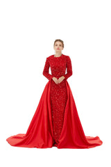 Red Long Sleeves Scoop Trumpet Mermaid Sparkle Sequin Prom Dress