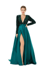 Dark Green Long Sleeves Sequin & Satin A Line Sexy Prom Formal Dress