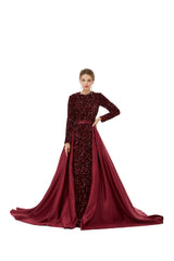 Burgundy Long Sleeves Scoop Trumpet Mermaid Sparkle Sequin Prom Dress